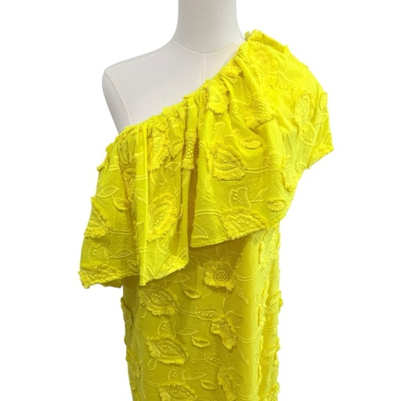 Abbey Glass Yellow Sutton Lace 3D Floral Ruffle One Shoulder Midi Cotton Dress - Picture 6 of 16